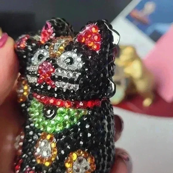 Rhinestones black lucky cat trinket box jewelry box small size good luck kitten - Picture 11 of 15